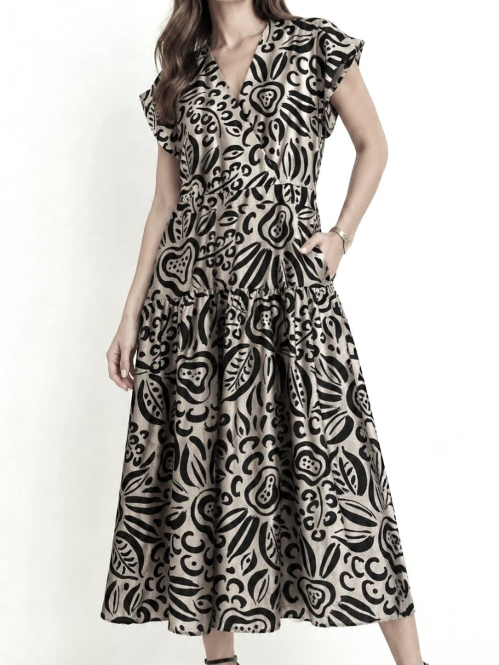 Banana Republic Linen Blend Abstract Print Dress 8 EUC Tiered Midi Faux Wrap